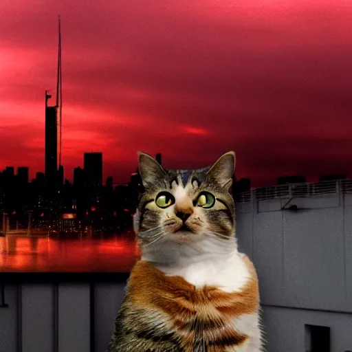 Prompt: a cat watching a dystopic city under a red sky