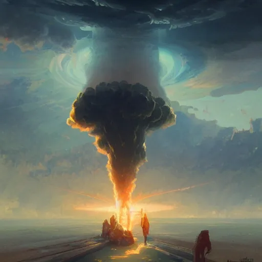 Image similar to A nuclear explosion opening a portal to another dimension, digital painting, artstation, concept art, sharp focus, illustration, art by greg rutkowski and alphonse mucha