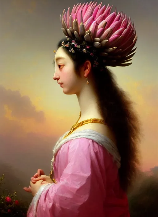 Image similar to stunning corean godess princess, detailed pink and white protea head peace against a black backdrop by ivan aivazovsky, wlop, super sharp details, photorealism, 5 0 mm lens, oil painting, beautiful soft lighting, muted colours, artstation