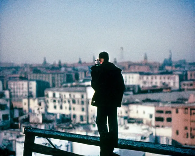 Image similar to lomo photo of man standing on the roof of soviet hrushevka, small town, cinestill, bokeh, out of focus