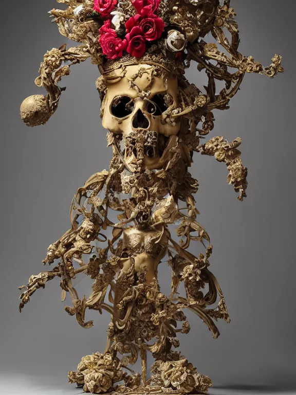 Prompt: a man in the form of a Greek sculpture with a mask in the form of a skull and wreath of flowers, skulls in hands, dressed in a biomechanical dress of a demon, stands in the pose of a super hero on a golden stone, silk, fabric, flowers. red plastic. baroque elements, human skull. full-length view. baroque element. intricate artwork by caravaggio. birds on background. Trending on artstation. halo. octane render, cinematic, hyper realism, octane render, 8k, depth of field, bokeh. iridescent accents. vibrant. teal and gold and red colour scheme