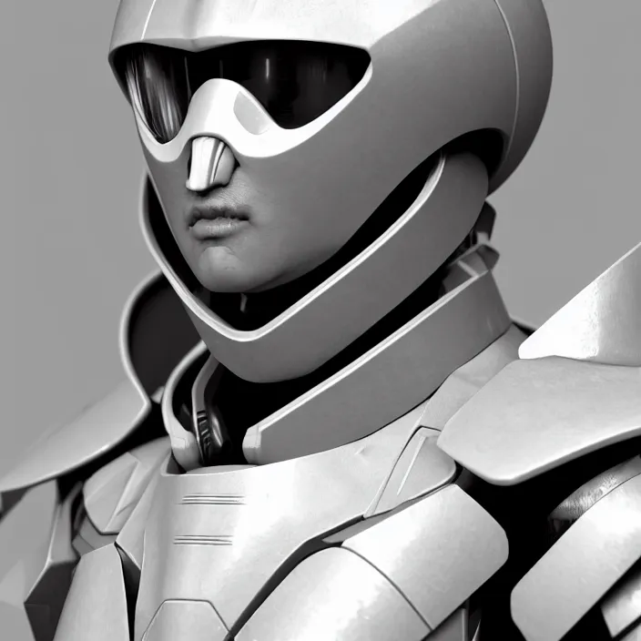Prompt: a portrait of a character in an spaceship by nihei tsutomu, black and white, modern clean white armor, highly detailed, 3 d render, vray, octane, realistic lighting