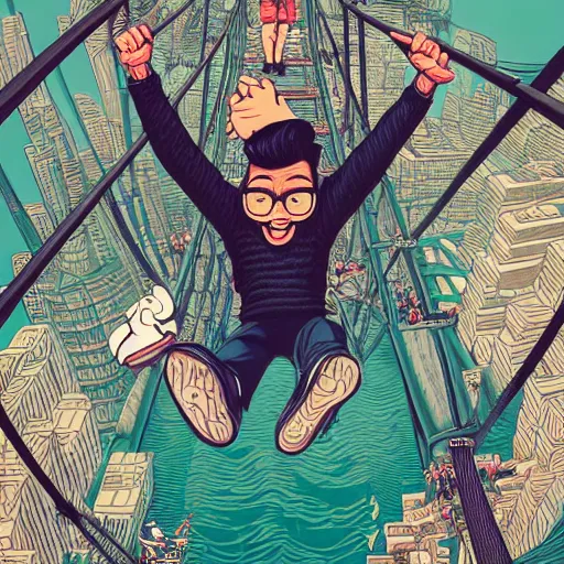 Prompt: man jumping off a bridge, extremely detailed, sharp focus, wide view, full body shot, smooth, digital illustration, by james jean, by rossdraws, frank franzzeta, mcbess, sakimichan, brosmind, steve simpson