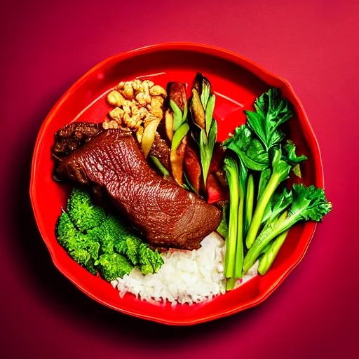 Prompt: a high protein meal in a red bowl, professional food photography, instagram, studio lighting, sharp focus