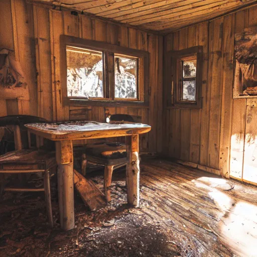 Image similar to a film production still, 2 8 mm, wide shot of a cabin interior, wooden furniture, cobwebs, spiderwebs, dynamic volumetric lighting, abandoned, depth of field, cinematic