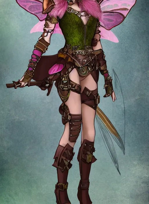 Prompt: Brown hair pink eye female faerie paladin planeteer + Tinkerbell +pixie hollow + steampunk + full dress + sparked and a full plate armor + D&D + full body