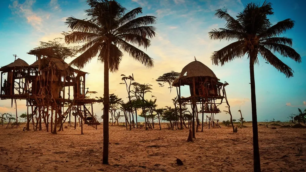 Prompt: west african village on stilts, solar punk, solar panels, strangler fig, turquoise beach, dragon blood tree, sunset, ornate gothic window details, cinematic,