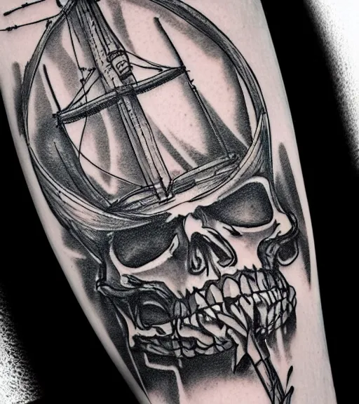 Image similar to A realistic tattoo design sketch of a pirate ship, white background, black and white, highly detailed tattoo, shaded tattoo