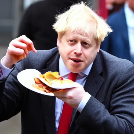 Image similar to Boris Johnson eating a bacon sandwich awkwardly