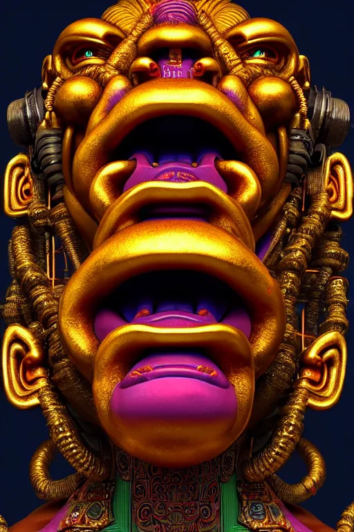 Image similar to high quality 3 d render post - rococo cyberpunk hanuman! head building, neon madhubani, open mouth, highly detailed, in sci - fi mumbai, cinematic smooth unreal engine, lee madgwick & liam wong, dramatic light, low angle, uhd 8 k, sharp focus