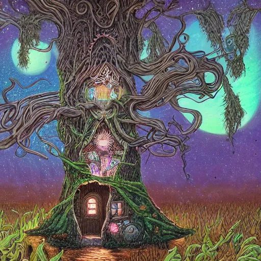 Prompt: acrylic painting, art in the style of Terry Moore, Moebius and Mohrbacher, a tiny village carved into the side of a tree, inhabited by elves and faeries, the outside lights are bioluminescent mushrooms and fungi intricately detailed