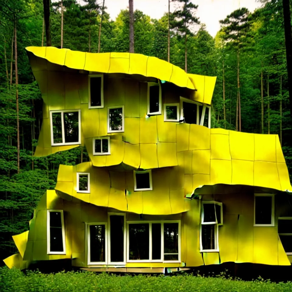 Image similar to a small flat house with big tiles in a forest, designed by Frank Gehry. Film grain, cinematic, yellow hue