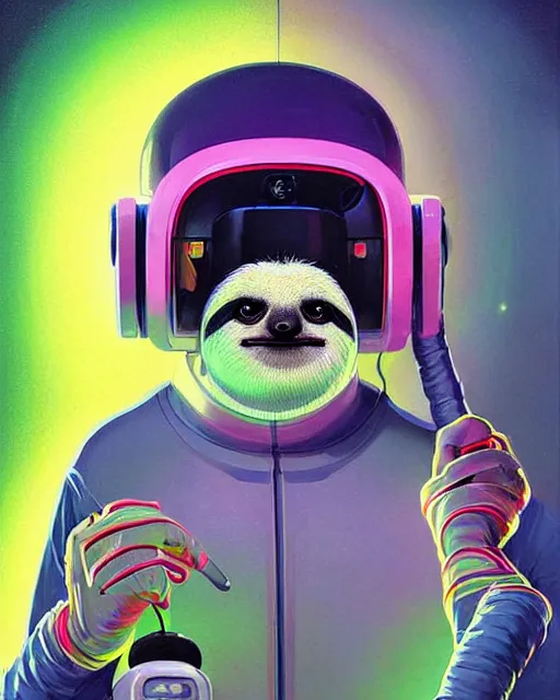 Image similar to silly sloth as future coder man looking on, sleek cyclops display over eyes and sleek bright headphoneset, neon accent lights, holographic colors, desaturated headshot portrait digital painting by dean cornwall, rhads, john berkey, tom whalen, alex grey, alphonse mucha, donoto giancola, astronaut cyberpunk electric