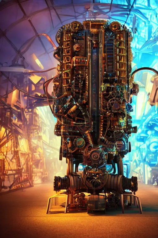 Image similar to a movie poster, movie is called tripmachine, photo of a huge futuristic steampunk generator inside a steampunk machinery, 8 k, fluorescent colors, halluzinogenic, multicolored, exaggerated detailed, 3 d render, octane