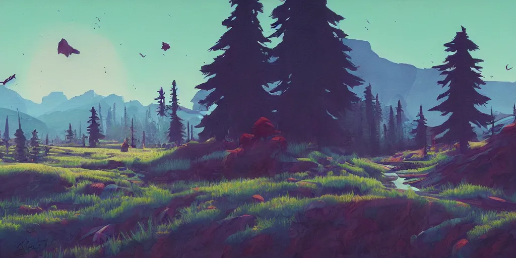 Prompt: landscape painting at noon by james jean and David Schnell painted in no mans sky style