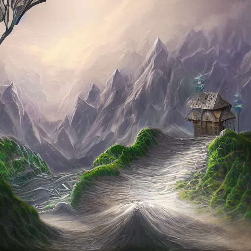 Image similar to Realm between the mountains and the sea, fantasy, digital painting, extra detailed