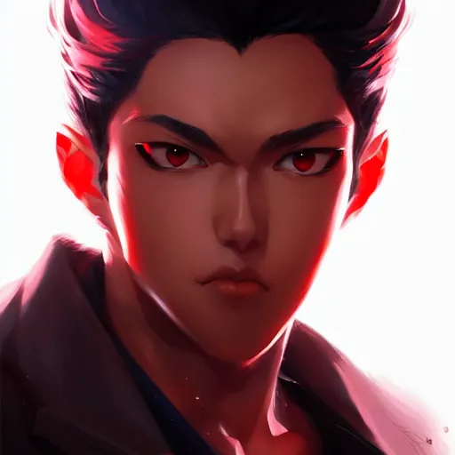 Image similar to anime portrait of a slick black hair guy with red eyes by stanley artgerm lau, wlop, rossdraws, james jean, andrei riabovitchev, marc simonetti, and sakimichan, trending on artstation