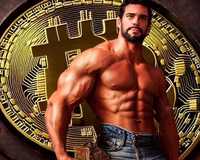 Image similar to attractive muscular bulky man posing in front of a huge golden bitcoin, commercial by annie liebovitz, gaston bussiere, craig mullins, j. c. leyendecker