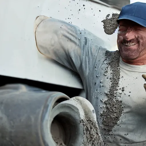 Image similar to realistic cement truck driver eating a bowl of wet cement, magazine photo