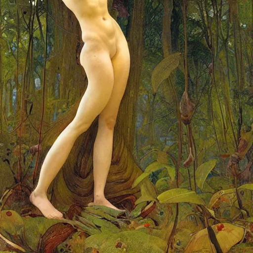 Image similar to beautiful female cyborg with auburn hair and a perfect body, lounging in the Marian forest at dusk, strange insects, by Edgar Maxence and Ross Tran and Michael Whelan and Gustav Klimpt