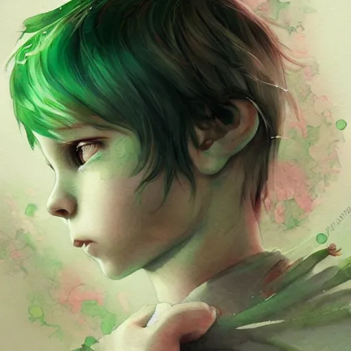 Image similar to child, young boy, green hair, short hair, happy, intricate, ethereal, highly detailed, sharp focus, artstation, watercolor, by charlie bowater and ross tran