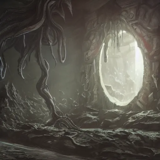 Image similar to a person in a cold large empty room standing in front of a window in a aquarium, inside the water is an eldritch monster. concept art by jason a. engle, trending on artstation, context art, lovecraftian, cosmic horror, concept art. highly detailed masterpiece. unreal engine. 8 k. uhd. render.