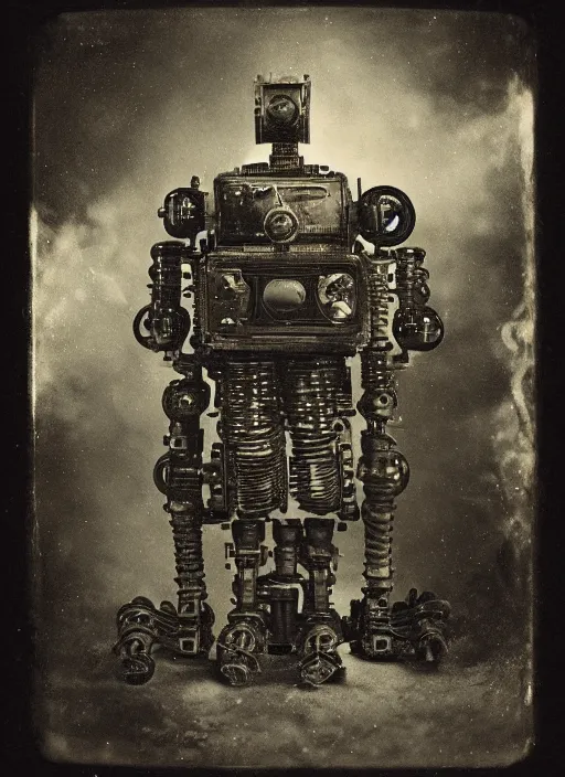 Image similar to old wetplate daguerreotype portrait of futuristic robot, explosion of data fragments, fractal, intricate, elegant, highly detailed, parallax, leica, medium format, subsurface scattering, by jheronimus bosch and greg rutkowski and louis jacques mande daguerre