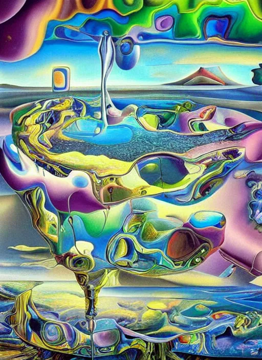 Image similar to an extremely high quality hd surrealism painting of a 3d polished chrome galactic neon complimentary colored cartoon surrealism melting mandelbulb3d fractal by kandsky and salvia dali the fourth, salvador dali\'s much much much much more talented painter cousin, 4k, ultra realistic, super realistic, so realistic that it changes your life
