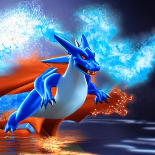 Image similar to a blue Charizard with water powers,realistic illustration