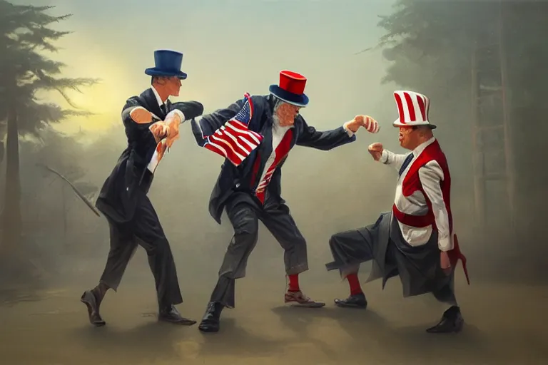 Image similar to painting of uncle sam punching steven seagal, fantasy, intricate, elegant, highly detailed, digital painting, artstation, concept art, smooth, sharp focus, illustration, art by greg rutkowski, masterpiece, perfect composition, award - winning photography