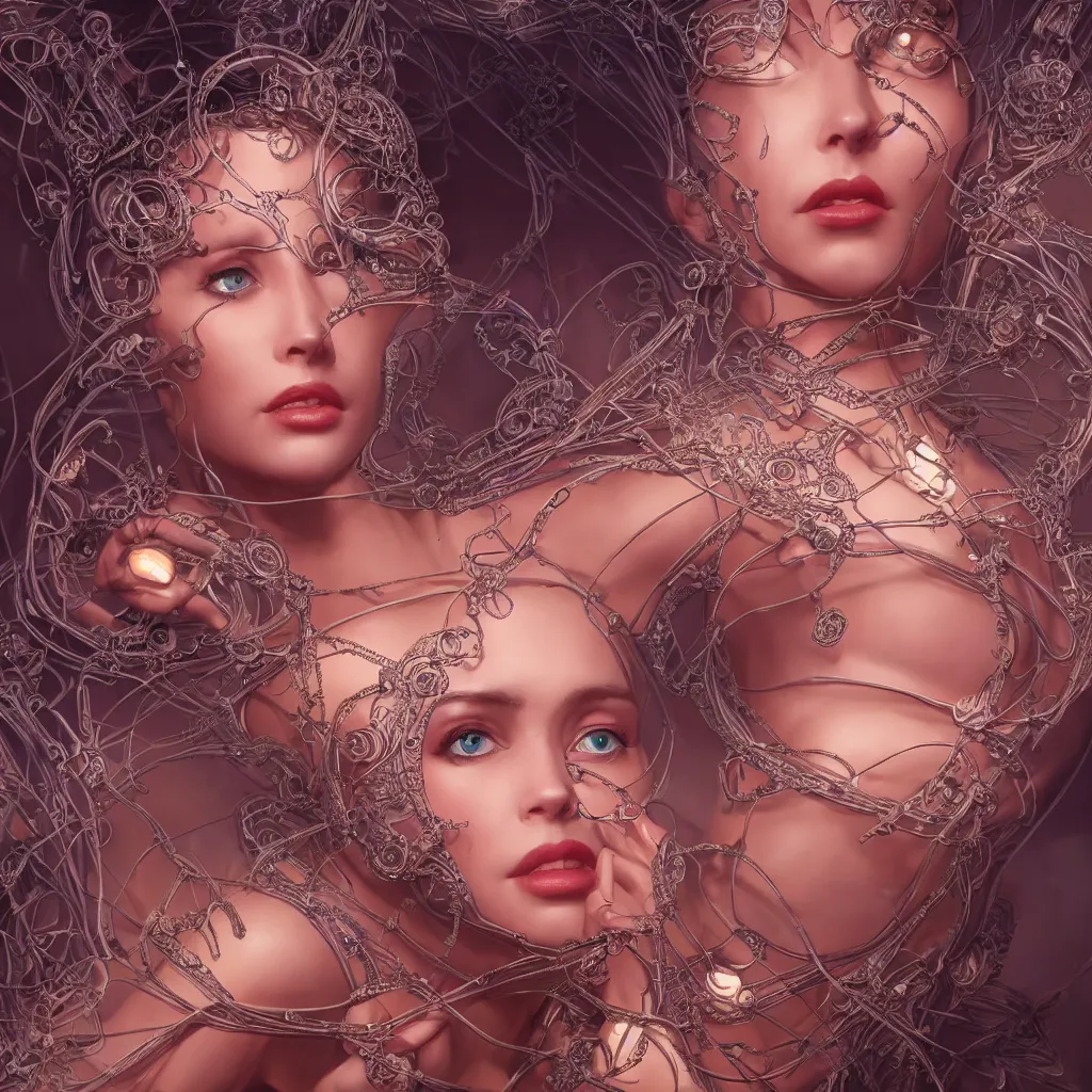 Prompt: very seductive woman integrating with technology, full face, insipiring, detailed intricate ornate cables connected to head, big open electric eyes, luxurious detailed abundent wiring and implants, diamonds, sci-fi, neon, emeralds, detailed technology full background, highly detailed, artstation, Rene Lalique and Eddie Mendoza and Gil Elvgren