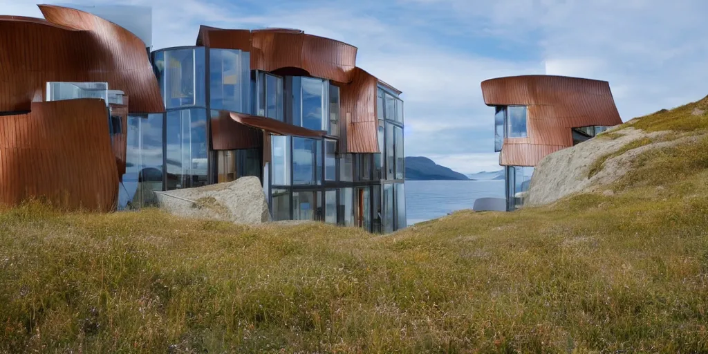 Image similar to modern norwegian fjord beach house designed by frank gehry, contemporary architecture, photography