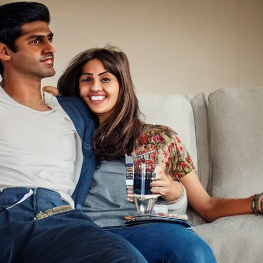 Image similar to indian guy and swedish girl drinking gin and tonics on the couch