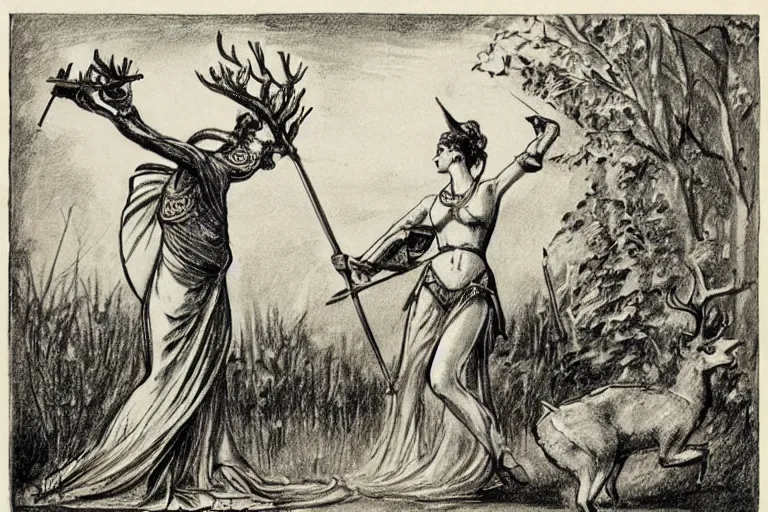 Image similar to Vintage, beautiful, sketch of the goddess artemis aiming a bow at a robot deer.