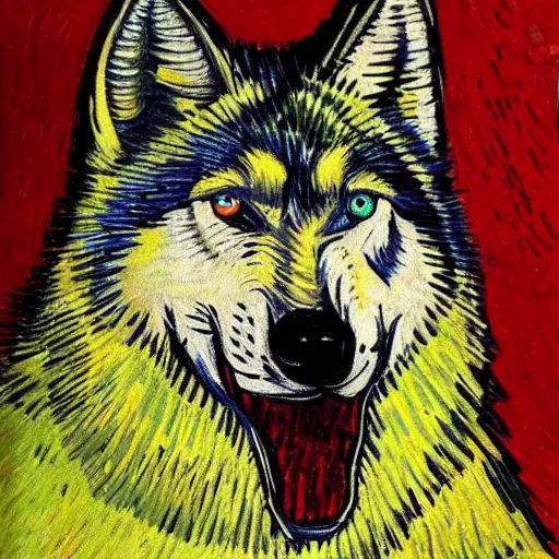 Image similar to retard wolf, van gogh, vivid colors, portrait paintin,