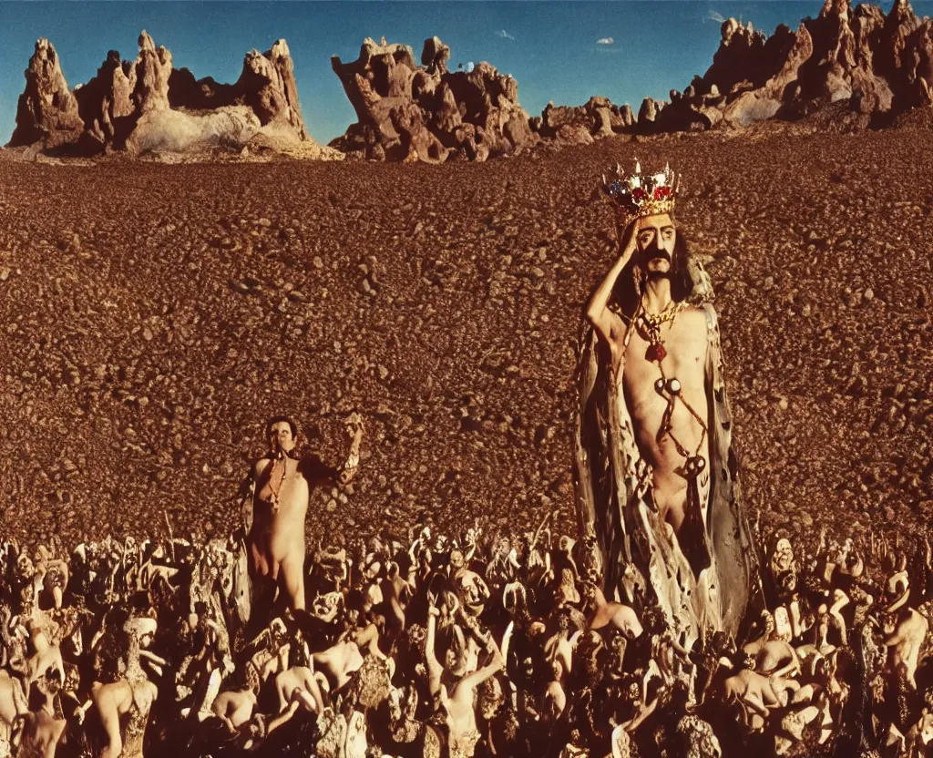 Image similar to salvador dali wearing a crown and jewels in front of a huge crowd in a dry rocky desert landscape, film still from the movie by alejandro jodorowsky with cinematogrophy of christopher doyle and art direction by hans giger, anamorphic lens, kodakchrome, very detailed photo, 8 k