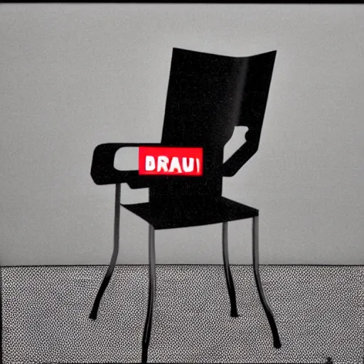 Prompt: by barbara kruger motion blur stormy. a mixed mediart of a metal chair with a seatbelt attached to it. the chair is placed in the center of a room & the seatbelt is used to strap a person into the chair. the person is then unable to move & at the mercy of the chair.