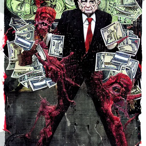 Image similar to George Soros full body shot, dollar bills Body horror, biopunk, by Ralph Steadman, Francis Bacon, Hunter S Thompson