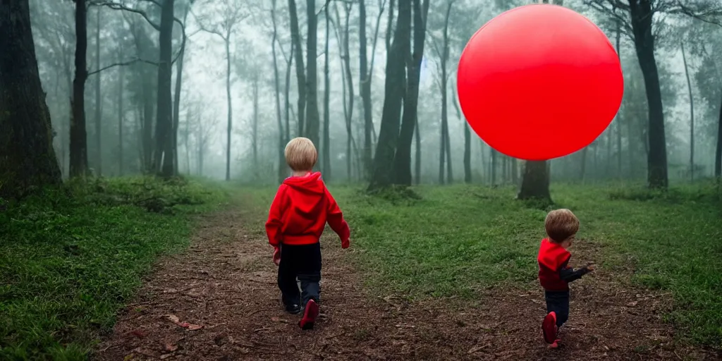 Prompt: little boy with red sweatshirt walking in a dark path in the woods with fog building up and a glowing red balloon in the background