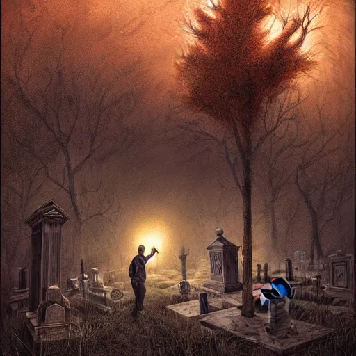 Prompt: a man floating in a cemetery at night, by Dan Seagrave and by Dan Witz, glossy digital painting, fantasycore