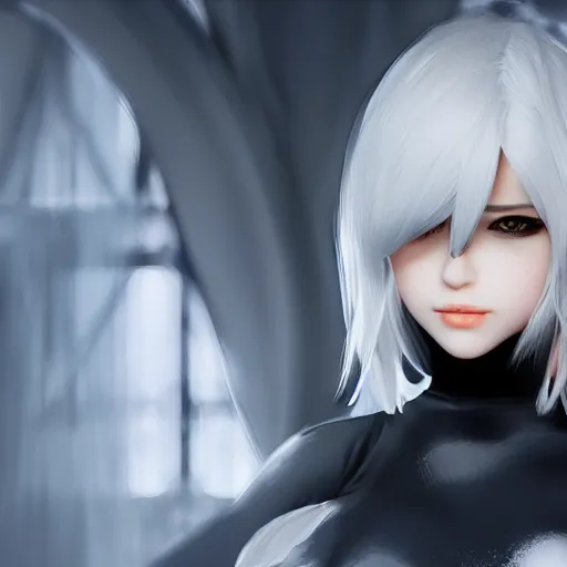 Image similar to 2B Nier automata, portrait, 4k, realistic, unreal engine render, trending in artstation, artstationHD, artstationHQ