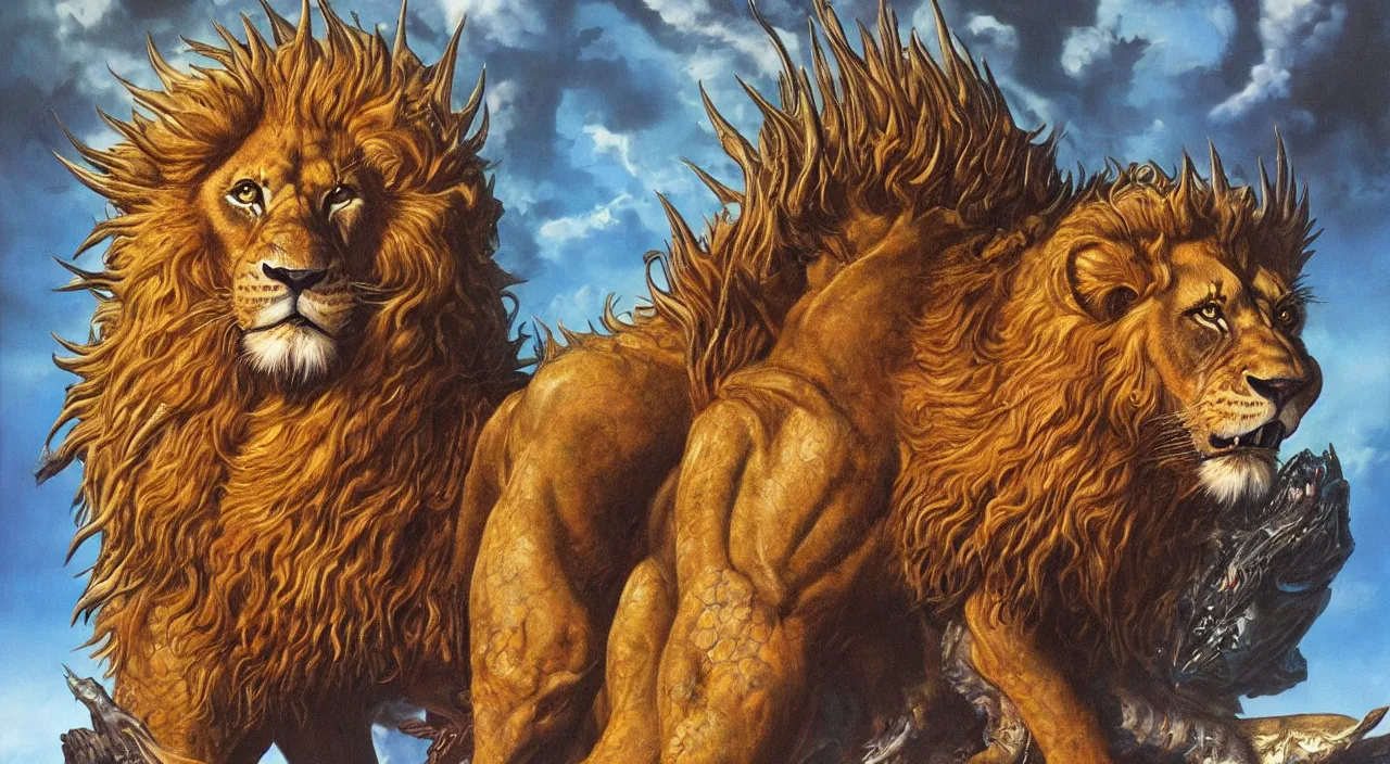 Prompt: a creature mixed with lion with full mane of spikes and crocodile skin by boris vallejo, graphic novel cover art, heavy metal cover art, airbrush, oil painting