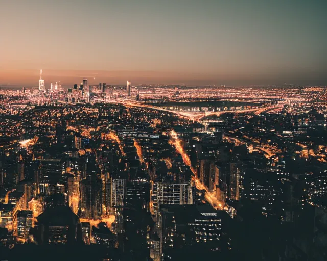 Image similar to a view of a city from a distance at night, a matte painting by konstantinas ciurlionis, featured on unsplash, synchromism, photo taken with nikon d 7 5 0, high dynamic range, nightscape