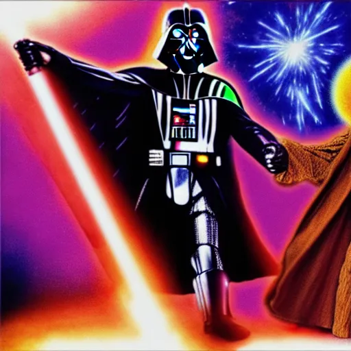 Image similar to psychedelic tom baker fights psychedelic darth vader, photorealistic