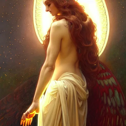 Image similar to Winged girl angel with a glowing halo, face, fantasy, intricate, elegant, dramatic lighting, highly detailed, lifelike, photorealistic, digital painting, artstation, concept art, smooth, sharp focus, illustration, art by John Collier and Krenz Cushart and Artem Demura and Alphonse Mucha and and Albert Aublet