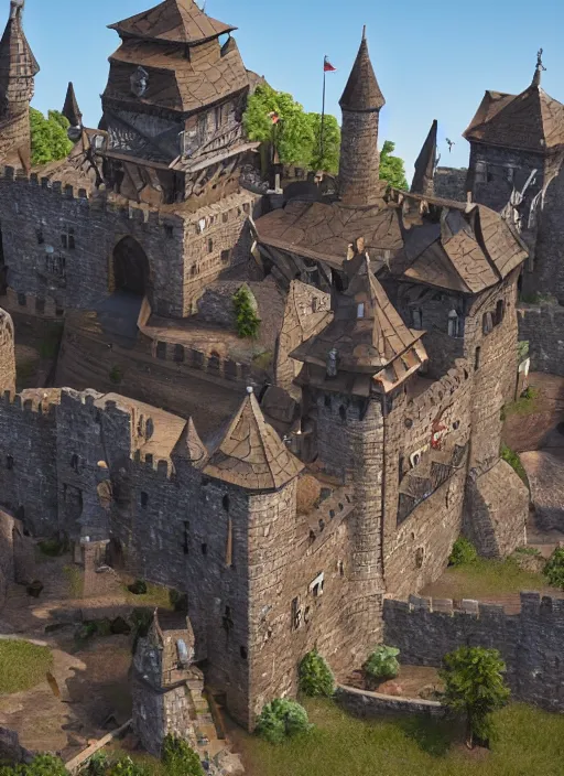 Prompt: a stylized medieval castle with towers, gate, and rockwalls. highly detailed, unreal engine. daylight. trending on artstation.