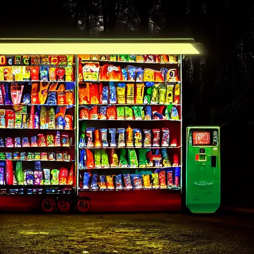 Prompt: a photograph of a roadside shop and vending machines at night in an asian forest during a rainstorm, dark, gloomy, desaturated, glowing light, 8 k