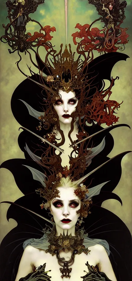 Image similar to baroque oil painting portrait of vampire queen in gothic robes with bat wings, by peter mohrbacher, alphonse mucha, brian froud, yoshitaka amano, kim keever, victo ngai, james jean