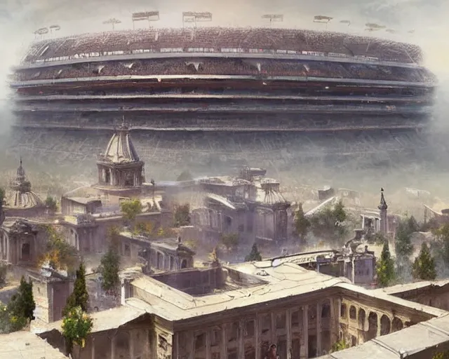 Prompt: a football stadium in the style of ancient rome architecture, art by greg rutkowski and artgerma, stunning concept art, exterior design