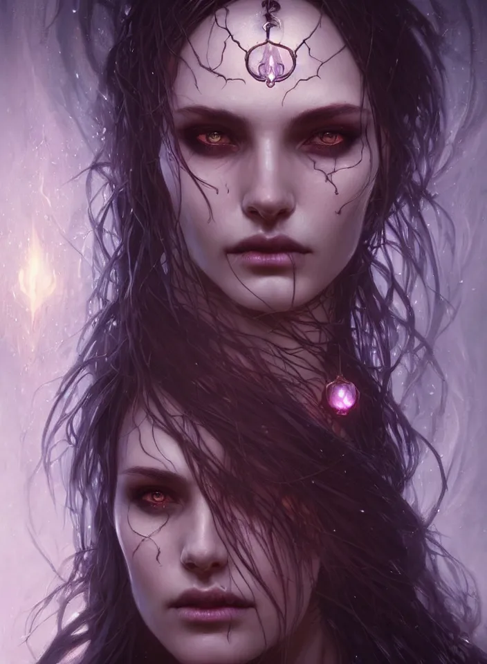 Image similar to Necromancer Sorceress face close-up macro in center, fantasy magic, undercut hairstyle, dark light night, intricate, elegant, sharp focus, illustration, highly detailed, digital painting, concept art, matte, art by WLOP and Artgerm and Greg Rutkowski and Alphonse Mucha, masterpiece